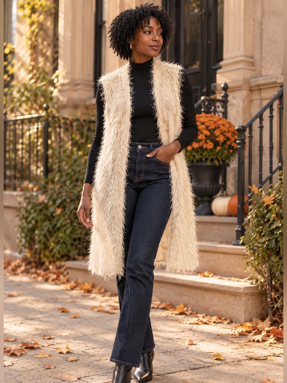 Cream Shaggy Eyelash Knit Long Vest Lightweight Open Front Boho Chic